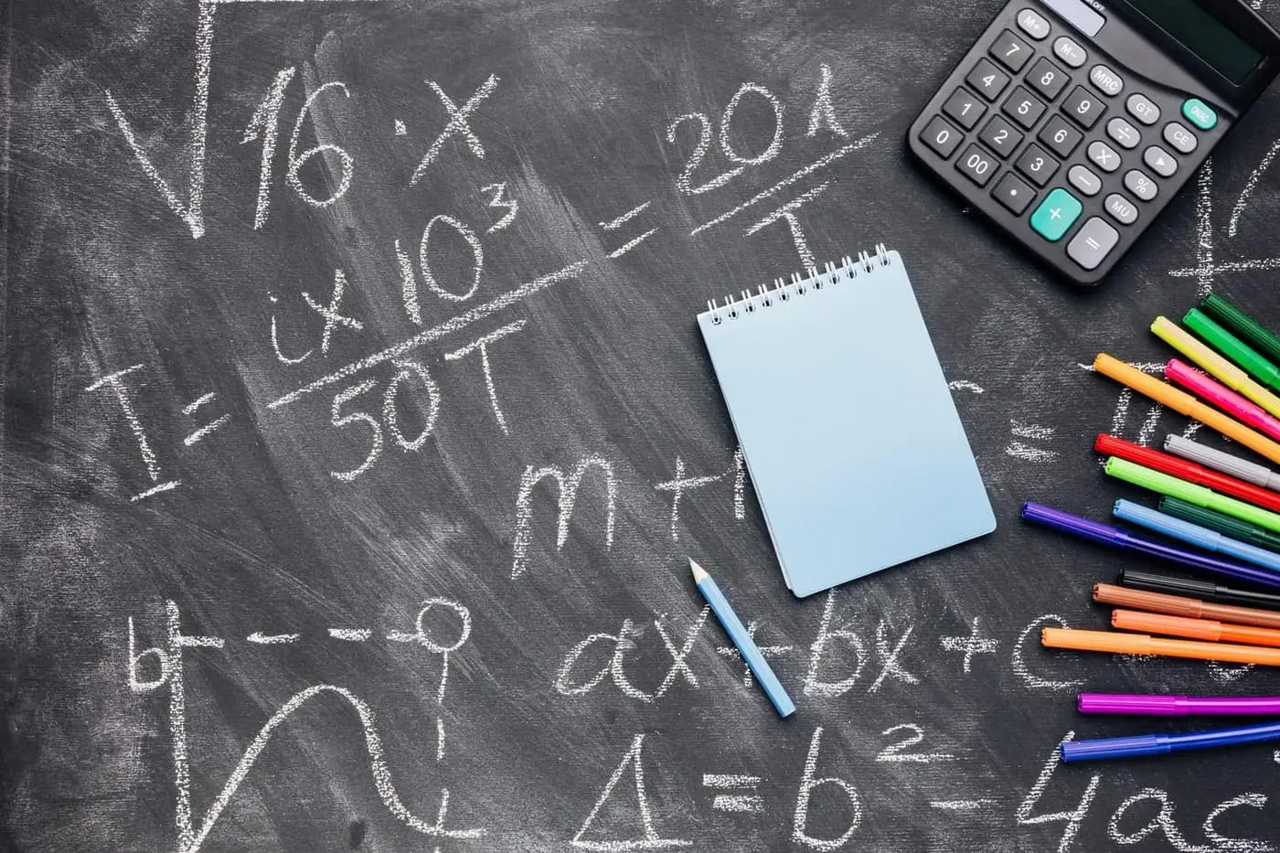Quadro-negro coberto de equações escritas a giz, com calculadora, bloco de notas e canetas coloridas